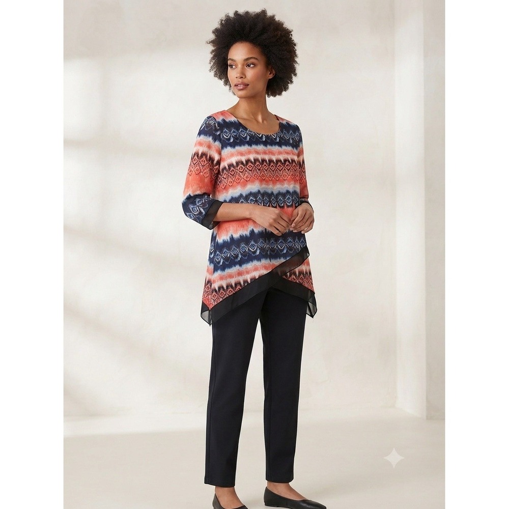 NY Collection Women's Printed Asymmetrical Hem Tunic Top 3/4 Sleeve Size L